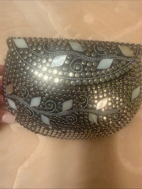 Embellished Metallic Silver Clutch Bag with Mother-of-Pearl Inlay